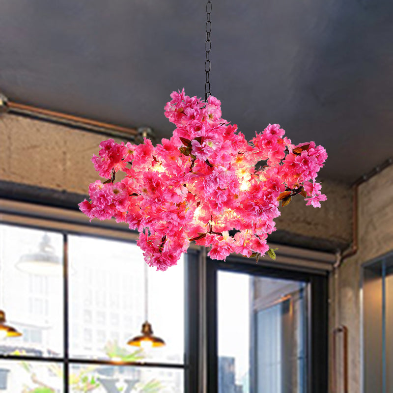 5 Lights Cherry Blossom Chandelier Industrial Pink Metal LED Pendant Light for Restaurant