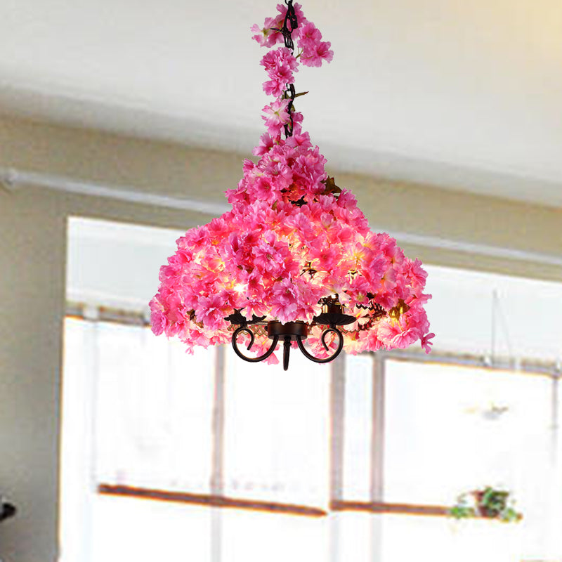 Cherry Blossom Metal Kroonluchter Licht Industrieel 3 Bollen Restaurant LED Hanglamp in Pink
