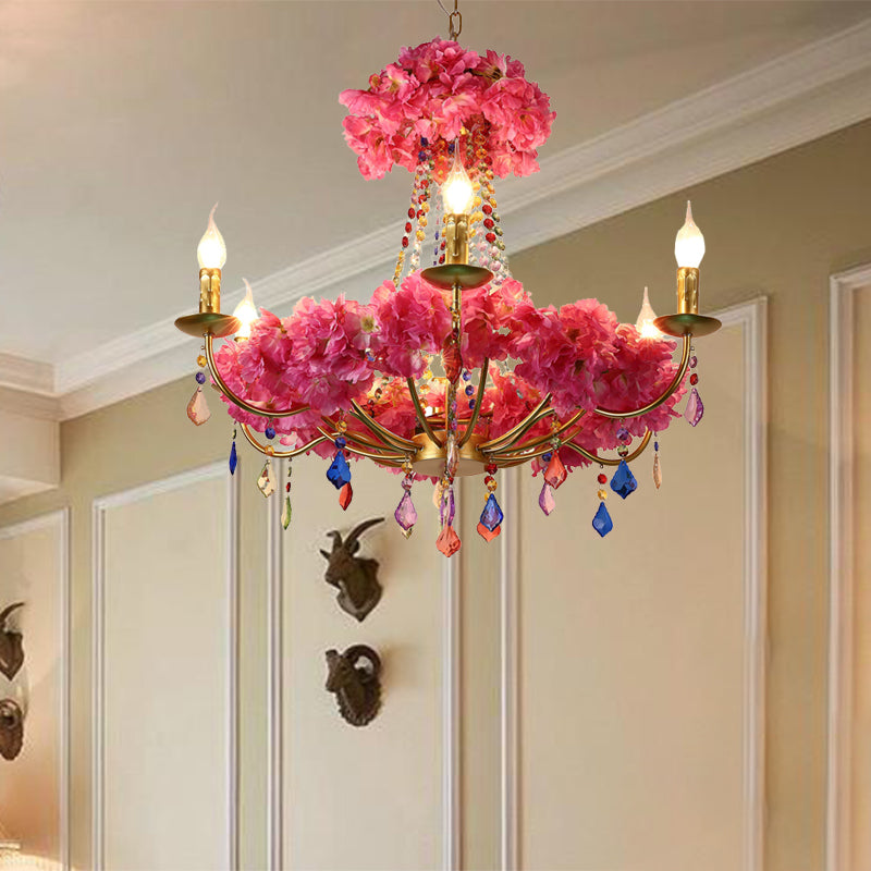 Metaal roze bloem kroonluchter lamp Candelabra 6 bollen antiek LED hangend plafondlicht met bengelende kristal