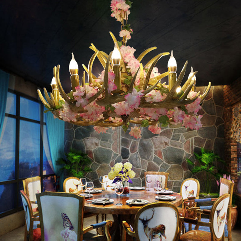 Antler Resin kroonluchter verlichting Industrial 12 Lights Restaurant LED plafondlamp in roze met kersenbloesem