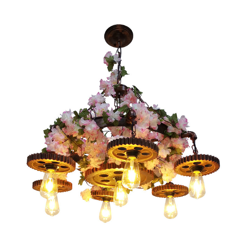 Pink 7 Bulbs Pendant Chandelier Industrial Metal Bare Bulb Ceiling Hang Fixture with Cherry Blossom