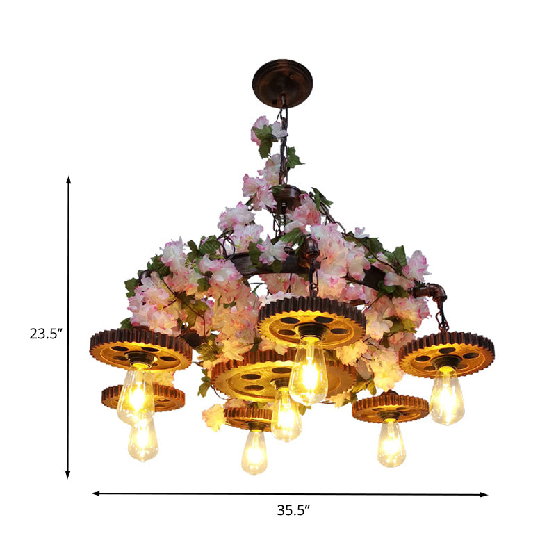 Pink 7 Bulbs Pendant Chandelier Industrial Metal Bare Bulb Ceiling Hang Fixture with Cherry Blossom