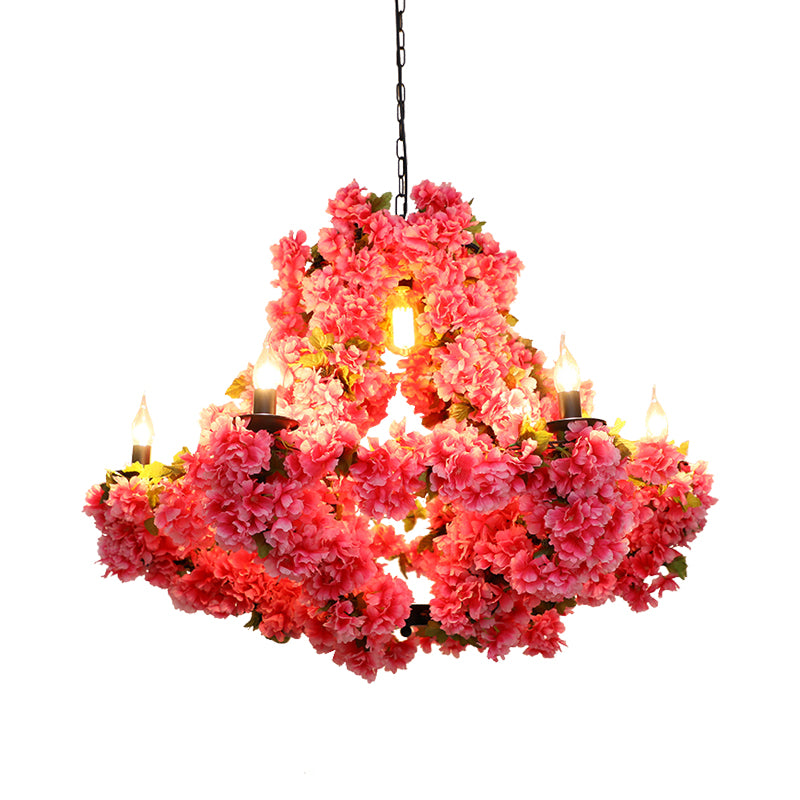 7 Lights Cherry Blossom Chandelier Antique Pink Metal LED Pendant Light for Restaurant