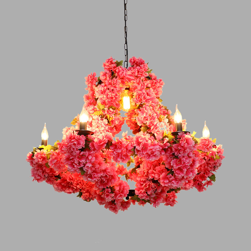 7 Lights Cherry Blossom Chandelier Antique Pink Metal LED Pendant Light for Restaurant
