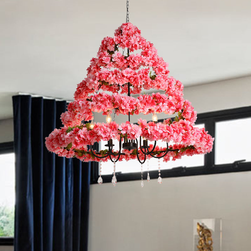Cherry Blossom Restaurant Chandelier Light Industrial Metal 5 Bulbs Pink Hanging Lamp with Dangling Crystal, 31.5"/43" W