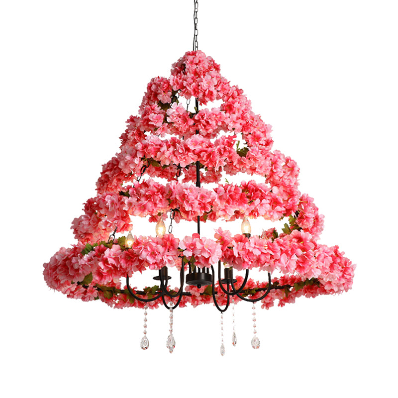 Cherry Blossom Restaurant Chandelier Light Industrial Metal 5 Bulbs Pink Hanging Lamp with Dangling Crystal, 31.5"/43" W