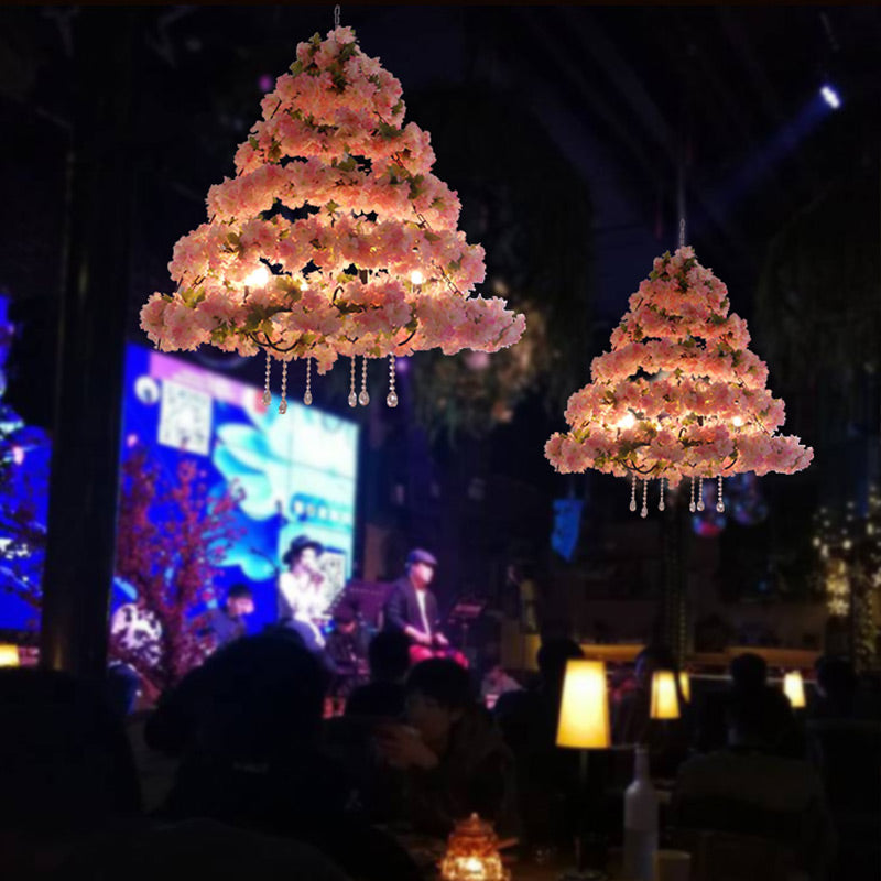 Vintage Conical Chandelier Lamp 5 Bulbs Metal Ceiling Pendant Light in Pink/Rose Red with Cherry Blossom Decor