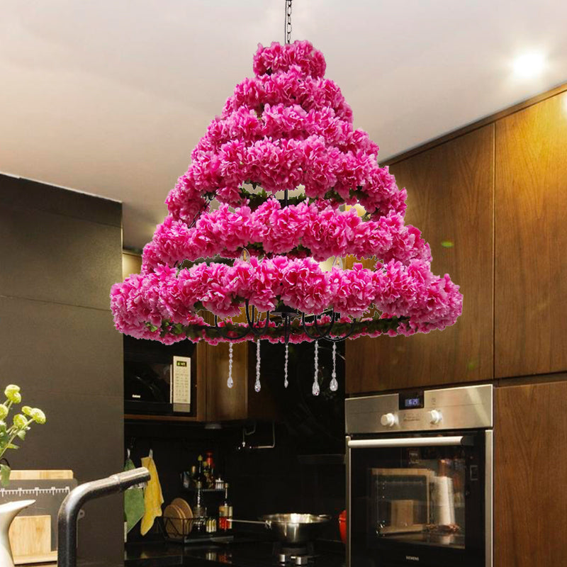 Vintage Conical Chandelier Lamp 5 Bulbs Metal Ceiling Pendant Light in Pink/Rose Red with Cherry Blossom Decor