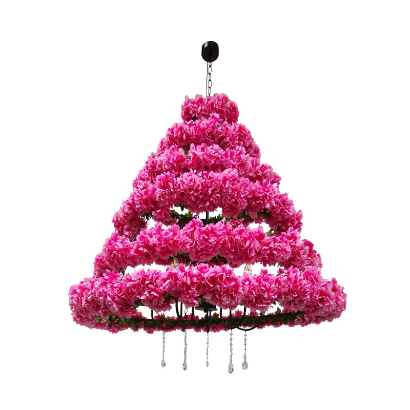 Vintage Conical Chandelier Lamp 5 Bulbs Metal Ceiling Pendant Light in Pink/Rose Red with Cherry Blossom Decor