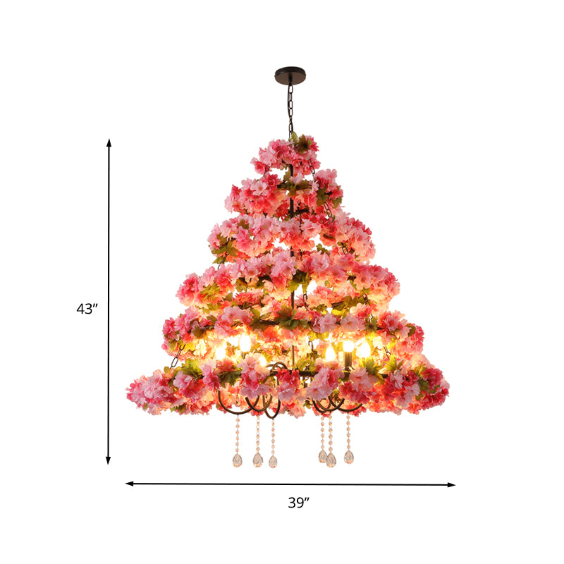 Metal Black Chandelier Lighting Cherry Blossom 6 Lights Retro LED Ceiling Pendant with Crystal Draping