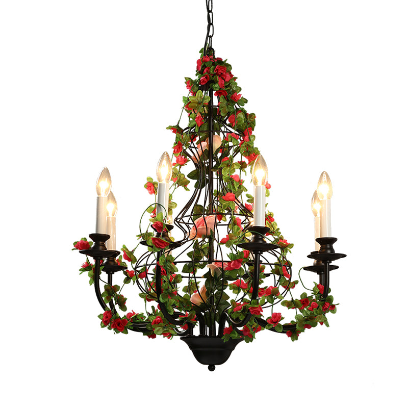 Candlestick Metal Chandelier Light Industrial 8 Heads Restaurant LED Down Lighting in Black with Flower Decor
