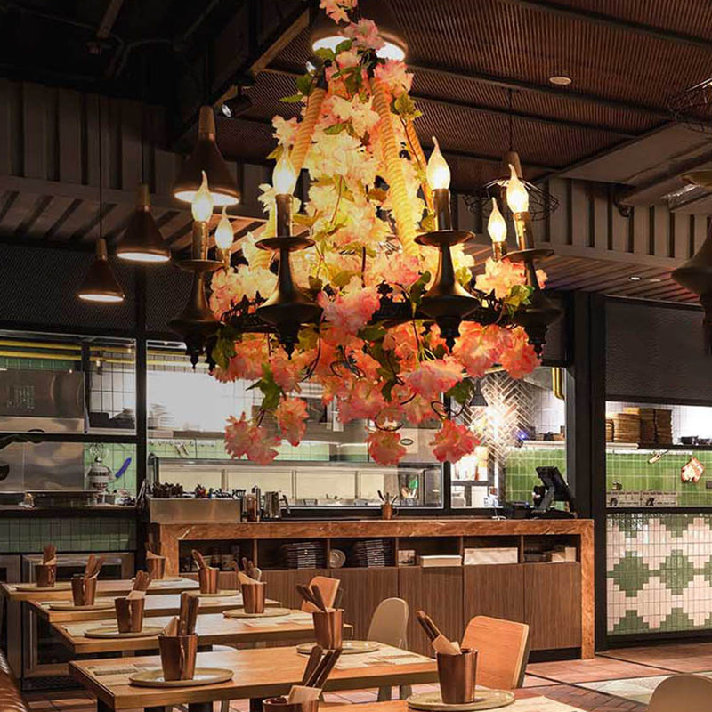 Metal Candle Chandelier Light Fixture Antique 6 Heads Restaurant LED Pendant Lamp in Pink with Cherry Blossom