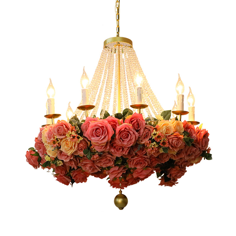Antique Candle Hanging Chandelier 10 Bulbs Metal Rose Pendant Light Fixture in Pink for Restaurant