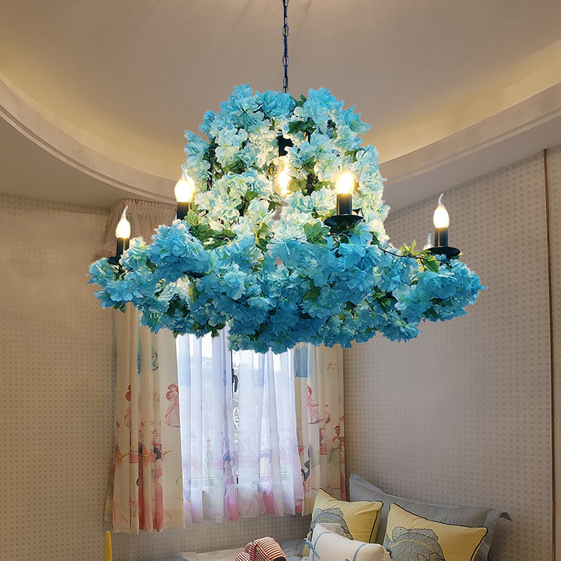 Industrial Candle Chandelier Light Fixture 6/8 Bulbs Metal LED Suspension Lighting in Blue with Cherry Blossom