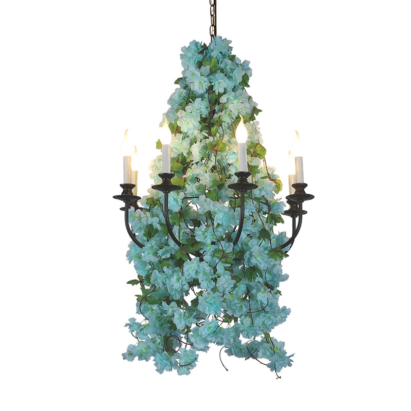 Candle Restaurant Chandelier Lighting Industrial Metal 8 Bulbs Blue LED Ceiling Pendant Light with Flower Decor