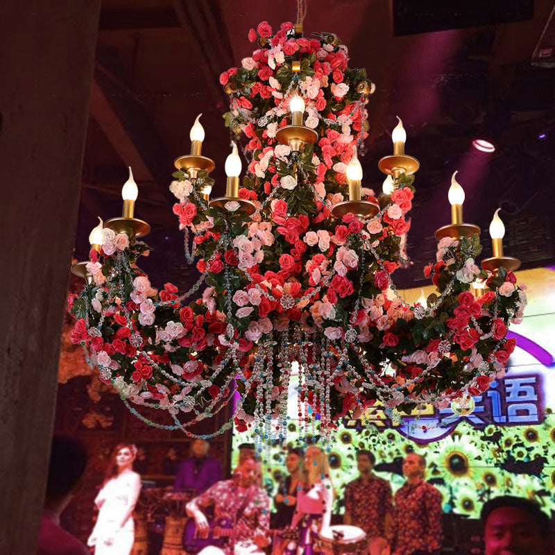 Industrial Candle Rose Hanging Chandelier 12 Heads Metal LED Down Lighting Pendant in Gold with Crystal Accent