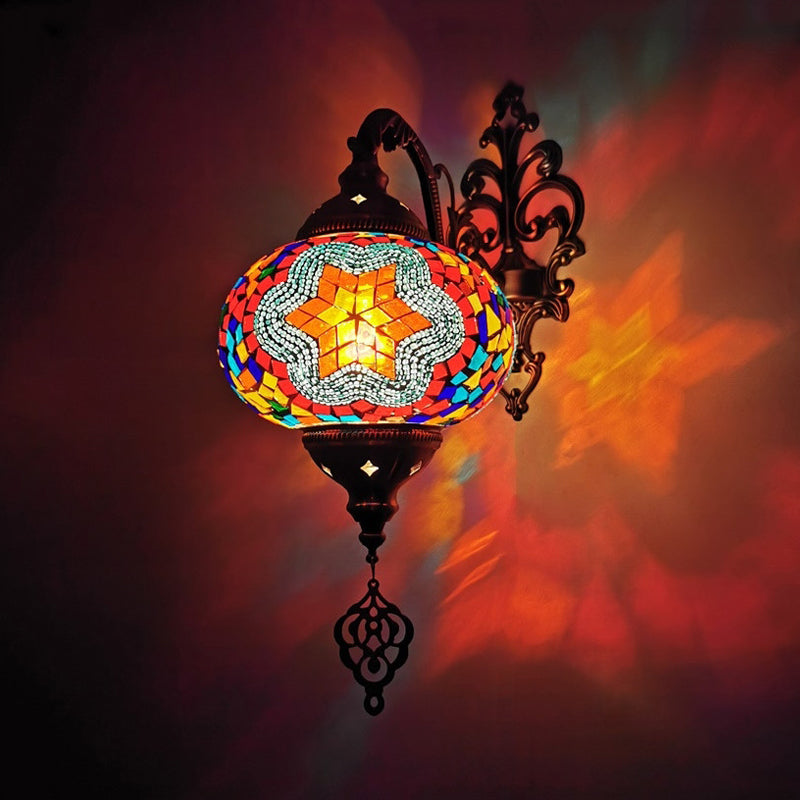 1 Bulb Stained Glass Wall Light Moroccan Yellow/Orange/Green Sphere Living Room Wall Mount Lighting
