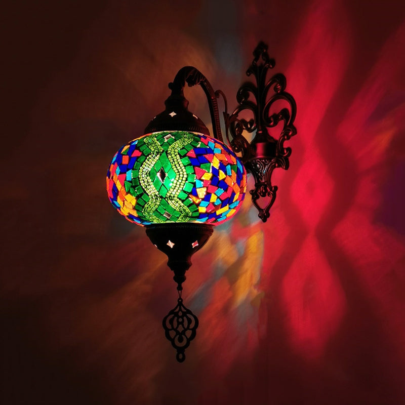 1 Bulb Stained Glass Wall Light Moroccan Yellow/Orange/Green Sphere Living Room Wall Mount Lighting