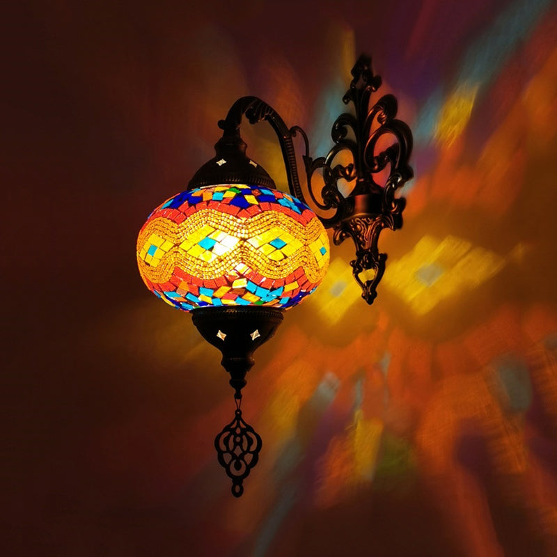 1 Bulb Stained Glass Wall Light Moroccan Yellow/Orange/Green Sphere Living Room Wall Mount Lighting