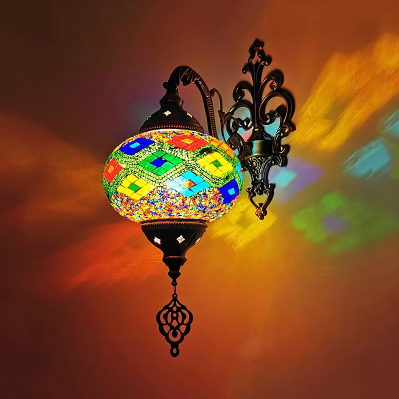 1 Bulb Stained Glass Wall Light Moroccan Yellow/Orange/Green Sphere Living Room Wall Mount Lighting