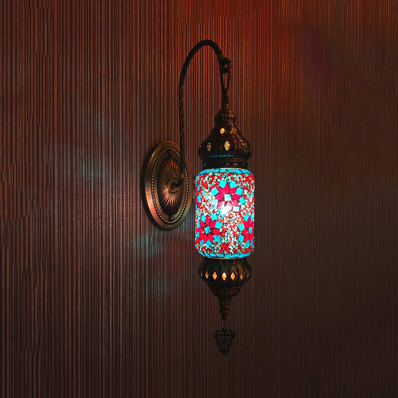 Buntglaszylinder Schachgang Licht marokkanische 1 Kopfschlafzimmer Wandhalterung in Lila/Gold/Rosenrot