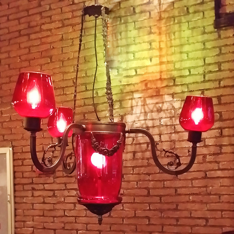 Red Glass Black Ceiling Chandelier Cup Shaped 4 Heads Art Deco Suspension Pendant Light