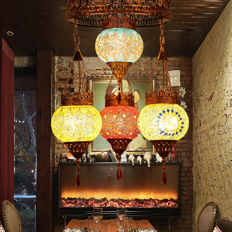 4 Heads Ceiling Chandelier Traditional Lantern Stained Glass Suspension Lighting Fixture in Copper for Restaurant