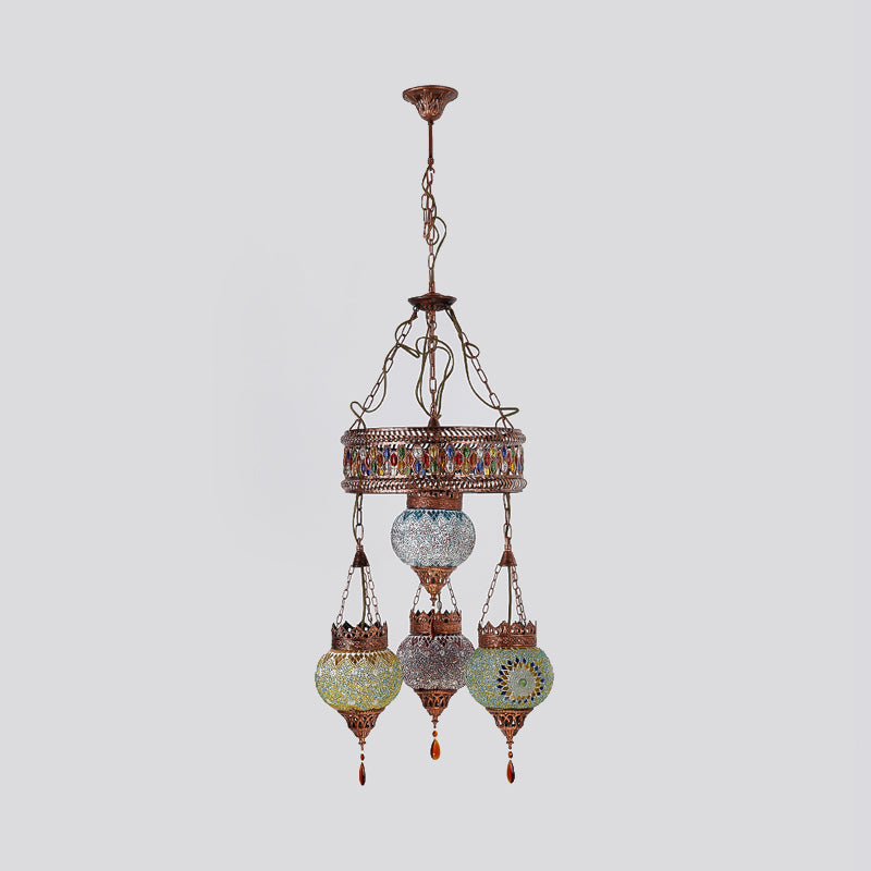 4 Heads Ceiling Chandelier Traditional Lantern Stained Glass Suspension Lighting Fixture in Copper for Restaurant