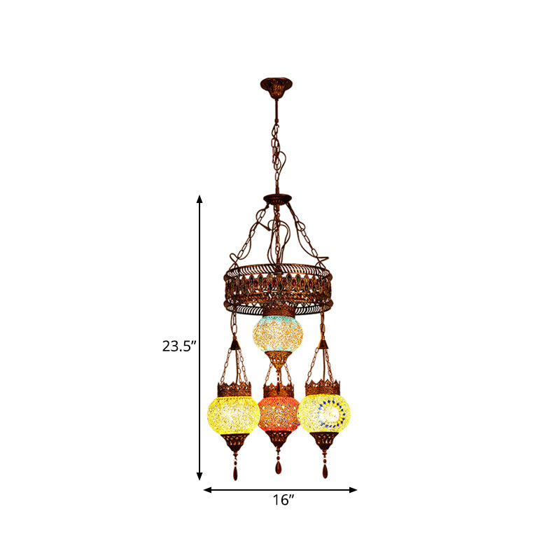 4 Heads Ceiling Chandelier Traditional Lantern Stained Glass Suspension Lighting Fixture in Copper for Restaurant