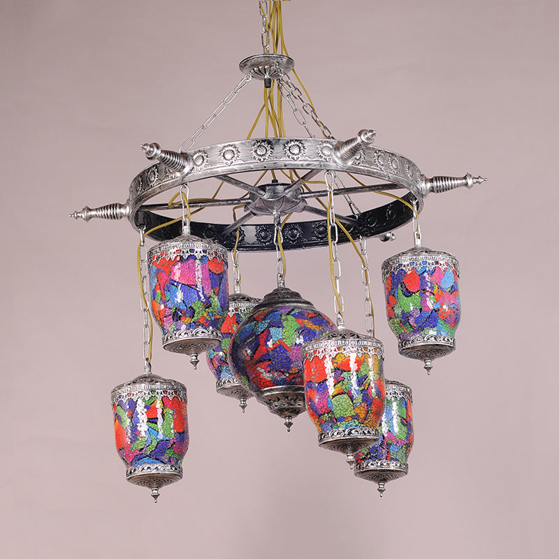 7 Bulbs Purple Glass Chandelier Pendant Art Deco Bronze Gyroscope Restaurant Hanging Lamp with Rudder Accent