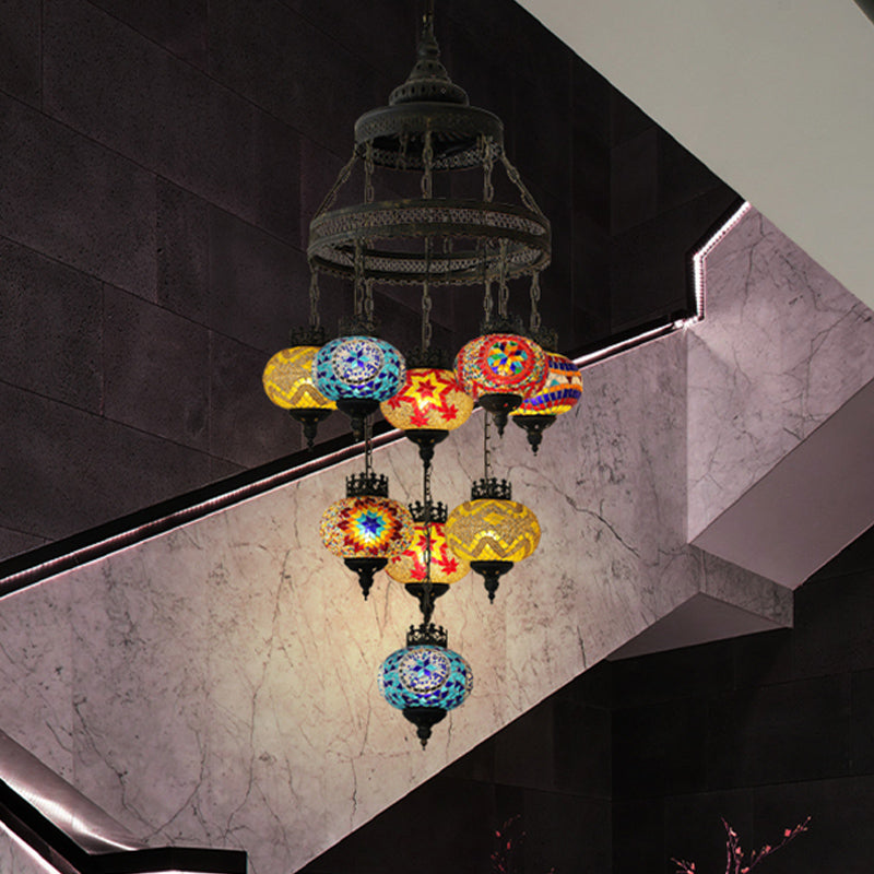 Stained Glass Lantern Pendant Lighting Bohemia Style 9 Bulbs Coffee House Ceiling Chandelier in Black