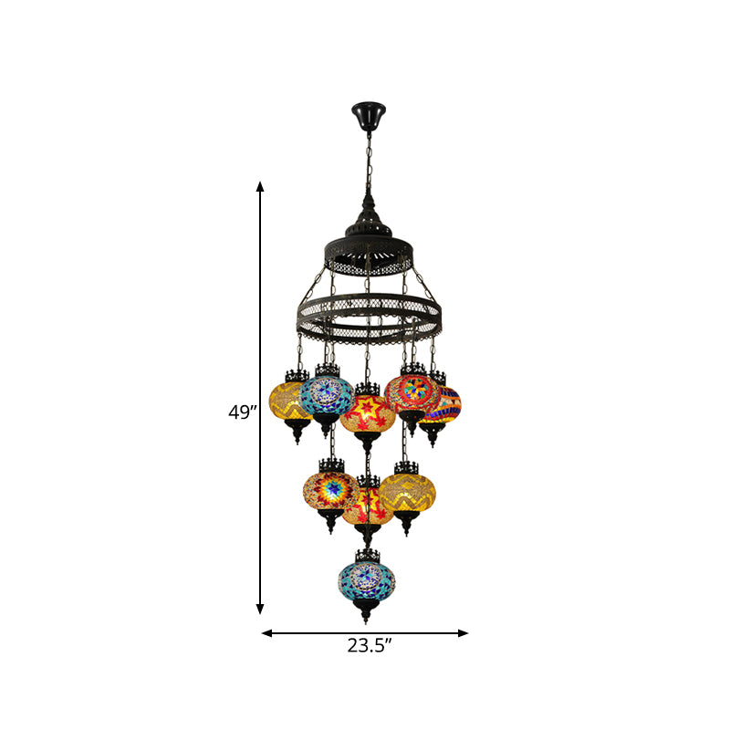 Stained Glass Lantern Pendant Lighting Bohemia Style 9 Bulbs Coffee House Ceiling Chandelier in Black