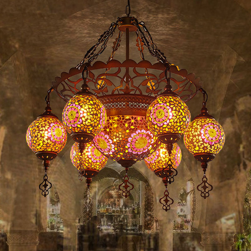 Brass Lantern Chandelier Lamp Traditional Stained Glass 9 Heads Restaurant Suspension Pendant Light