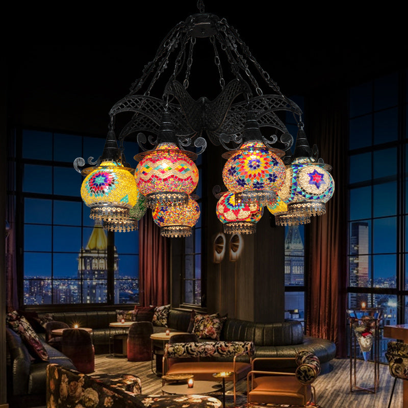 Stained Glass Black Hanging Chandelier Lantern 26"/33.5" Wide 8 Bulbs Art Deco Down Lighting Pendant