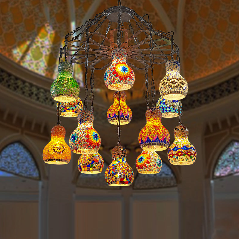 13 Lights Gourd Pendant Chandelier Bohemia Antique Black Stained Glass Hanging Light Kit
