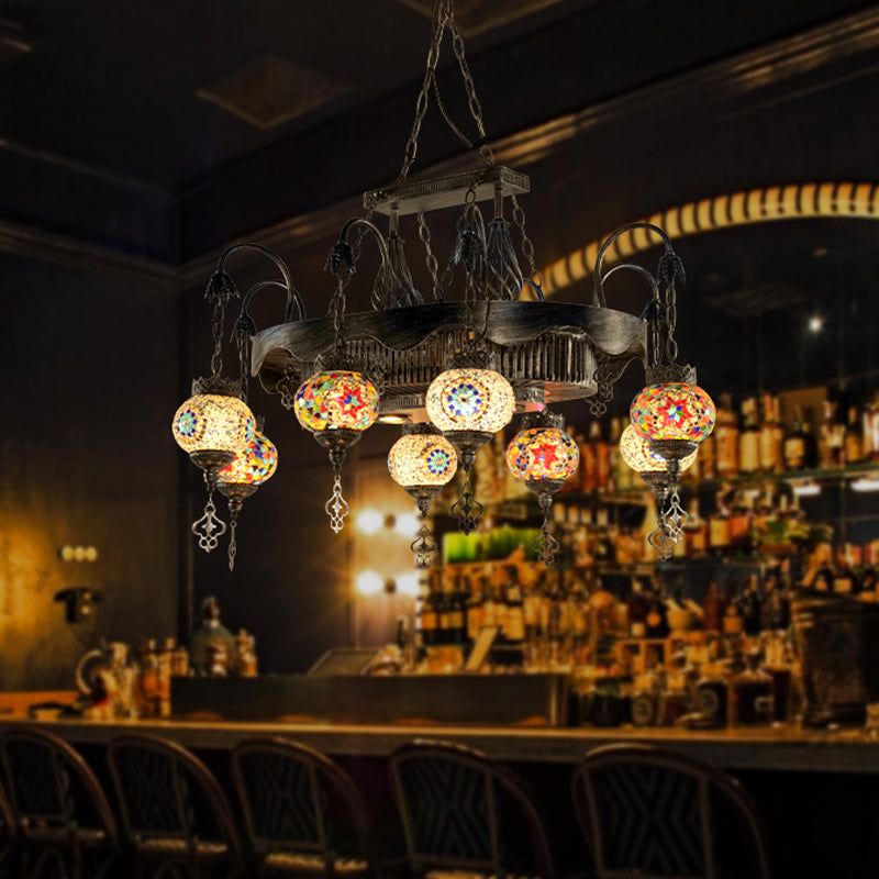 8 Heads Globe Hanging Lighting Bohemia Iron Stained Glass Chandelier Pendant Lamp for Restaurant