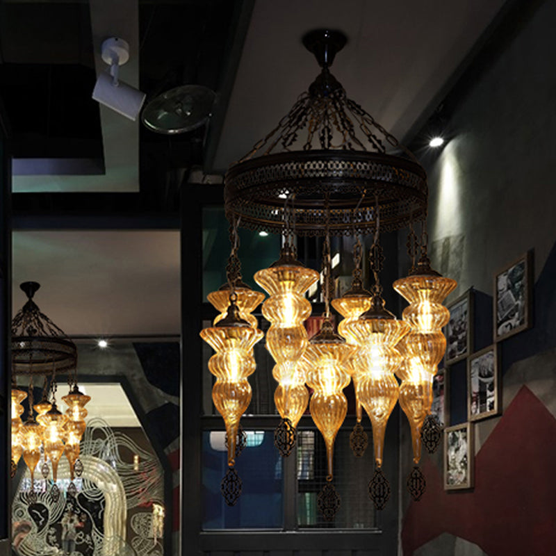 9 Bulbs Pendant Chandelier Traditional Coffee Shop Suspension Lighting Fixture with Jar Tan Ribbing Glass Shade