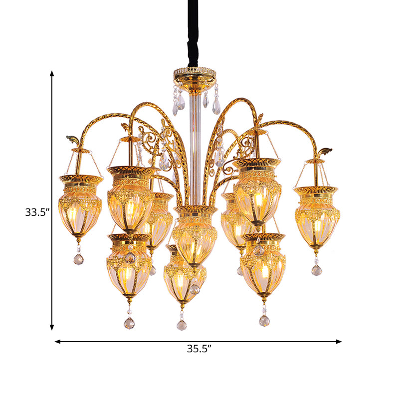 Gold Urn Ceiling Chandelier Art Deco Tan Prismatic Glass 10 Heads Living Room Suspension Pendant with Crystal Accent