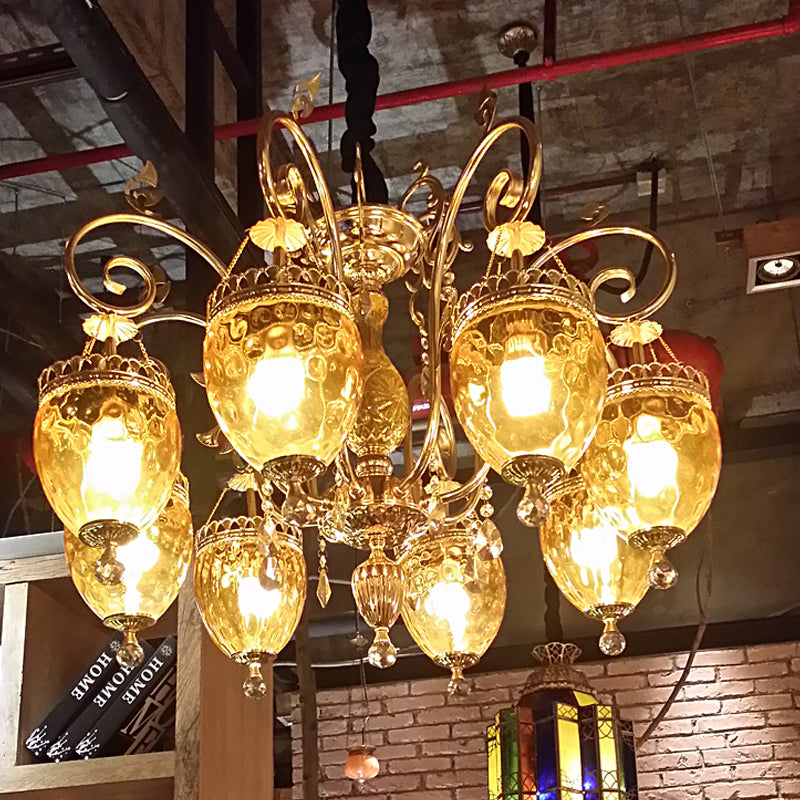 8 Bulbs Urn Pendant Chandelier Traditional Gold Dimpled Glass Hanging Ceiling Light for Restaurant