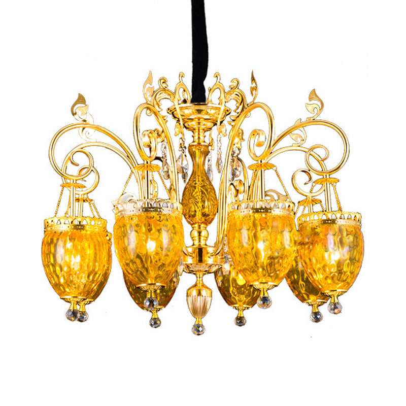 8 Bulbs Urn Pendant Chandelier Traditional Gold Dimpled Glass Hanging Ceiling Light for Restaurant