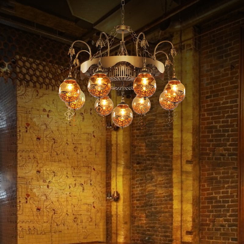 Traditional Ball Chandelier Lighting 9 Heads Tan Glass Suspension Pendant Lamp for Restaurant