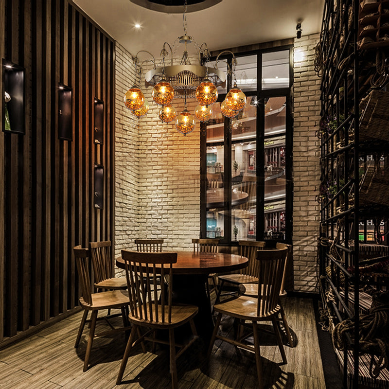 Traditional Ball Chandelier Lighting 9 Heads Tan Glass Suspension Pendant Lamp for Restaurant