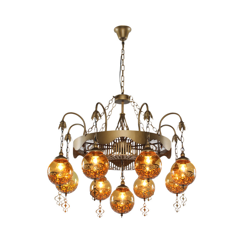 Traditional Ball Chandelier Lighting 9 Heads Tan Glass Suspension Pendant Lamp for Restaurant