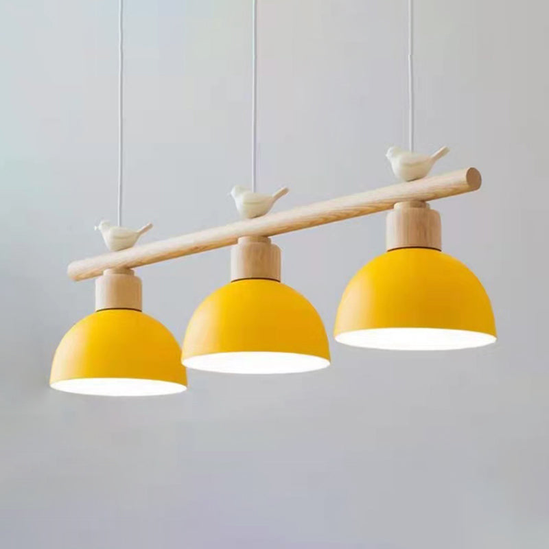 3 Lights Island Pendant Macaron Bowl Metal Pendant with Wood Electric Light Socket