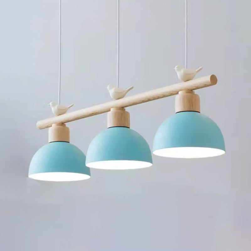 3 Lights Island Pendant Macaron Bowl Metal Pendant with Wood Electric Light Socket