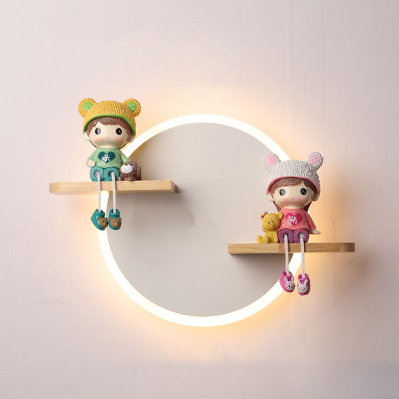 LED Circle Wall Sconce Nordic Wooden Kids Bedroom Wall Light with Shelf and Figurine