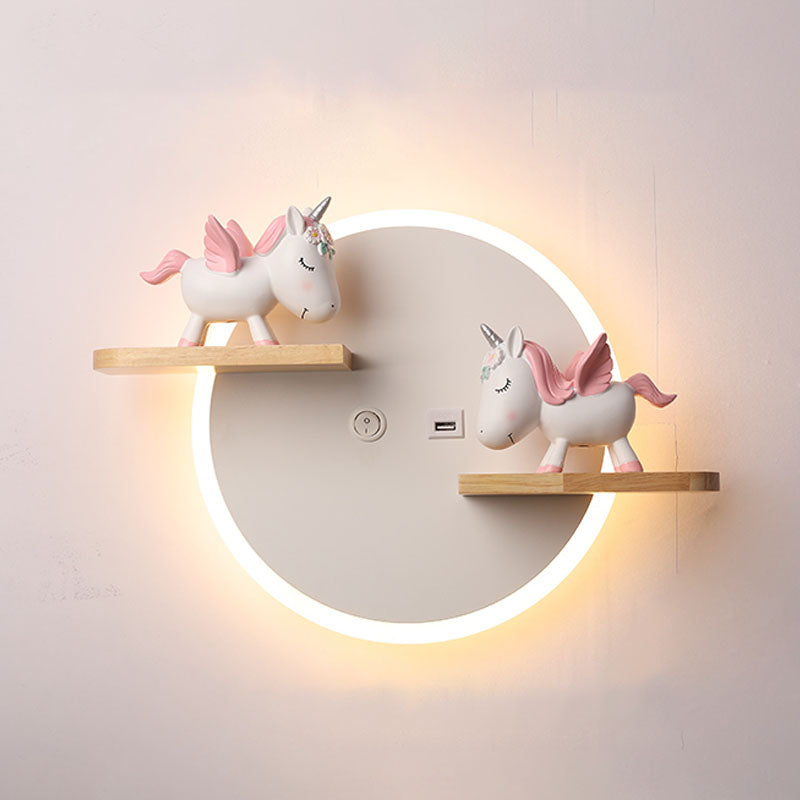 LED Circle Wall Sconce Nordic Wooden Kids Bedroom Wall Light with Shelf and Figurine