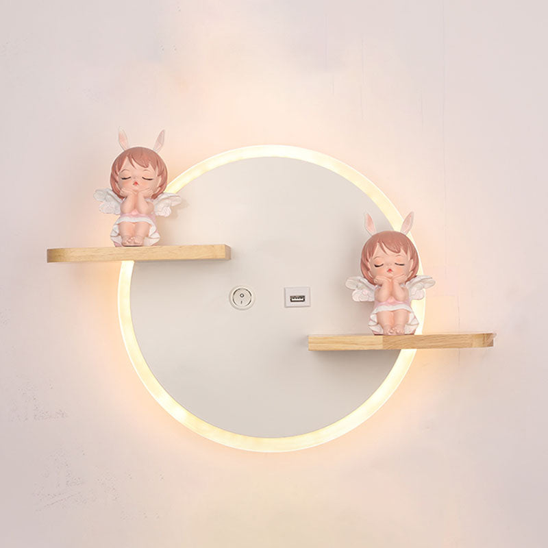 LED Circle Wall Sconce Nordic Wooden Kids Bedroom Wall Light with Shelf and Figurine