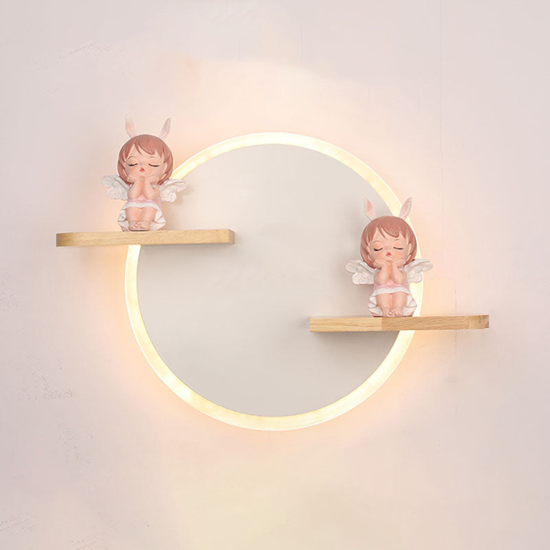 LED Circle Wall Sconce Nordic Wooden Kids Bedroom Wall Light with Shelf and Figurine