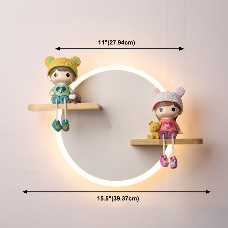 LED Circle Wall Sconce Nordic Wooden Kids Bedroom Wall Light with Shelf and Figurine
